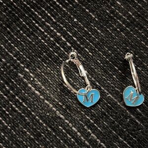 Silver Tone Hoop Earrings with Blue Heart Charms